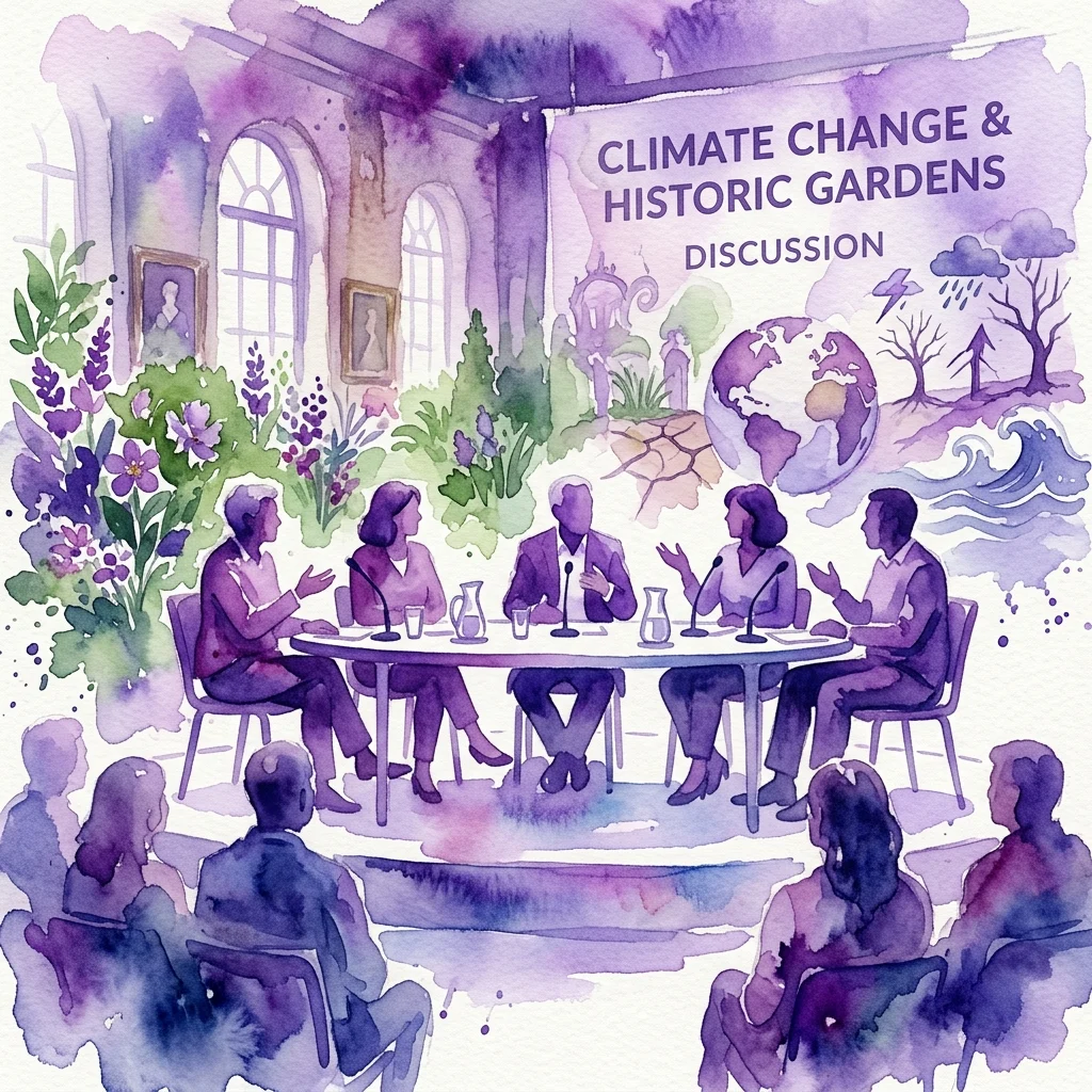 A watercolor illustration of a panel discussion on climate change and historic gardens, featuring experts at a table with microphones, surrounded by lush greenery and climate-related imagery.