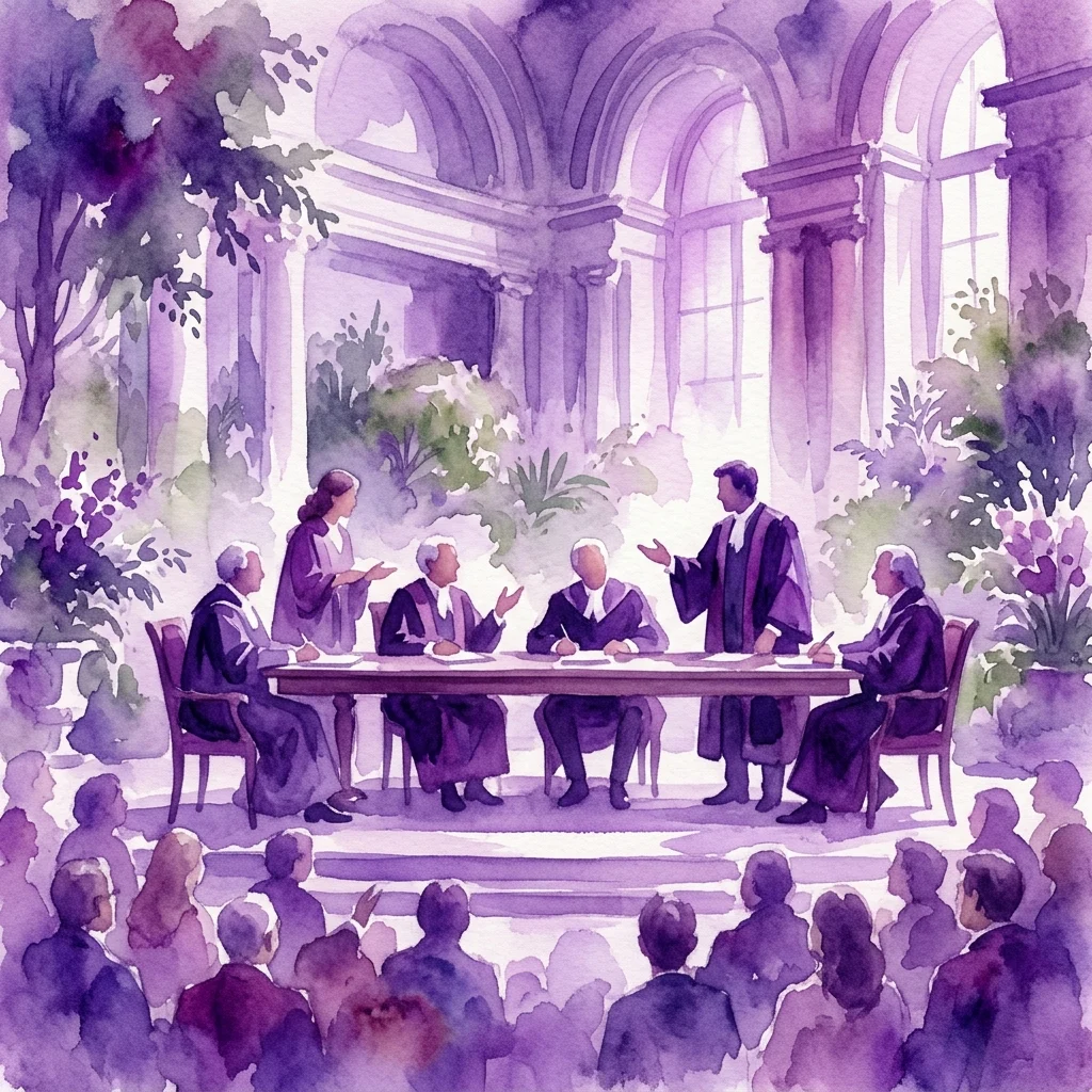 Een aquarelillustratie van een formele discussie over historische tuinen en klimaatverandering, gehouden in een grandioos paleis met experts in academische gewaden die voor een publiek debatteren.