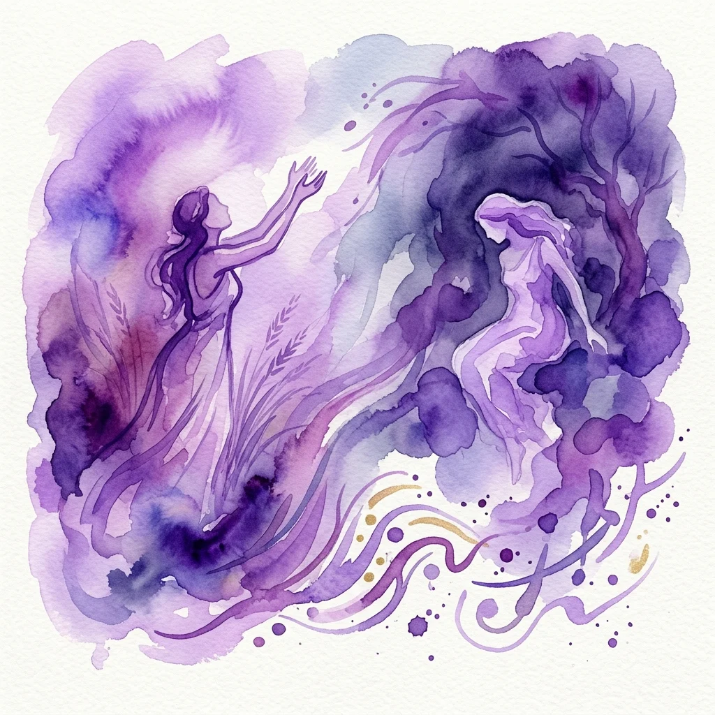 Watercolor illustration of the Greek myth of Demeter and Persephone, with one figure reaching upward and another descending into a dark, tree-filled realm, rendered in purple and gold hues.