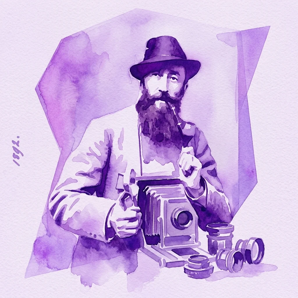 Een paarse aquarelillustratie van graaf Benedykt Henryk Tyszkiewicz, een 19e-eeuwse Pools-Litouwse aristocraat, die een vintage camera met fotografische lenzen vasthoudt, wat zijn rol als vroege fotograaf oproept.