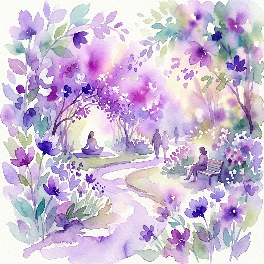 Ilustracja akwarelowa spokojnego ogrodu botanicznego z ludźmi medytującymi i relaksującymi się wśród fioletowych kwiatów i zieleni, przywołująca poczucie dobrego samopoczucia i spokoju.