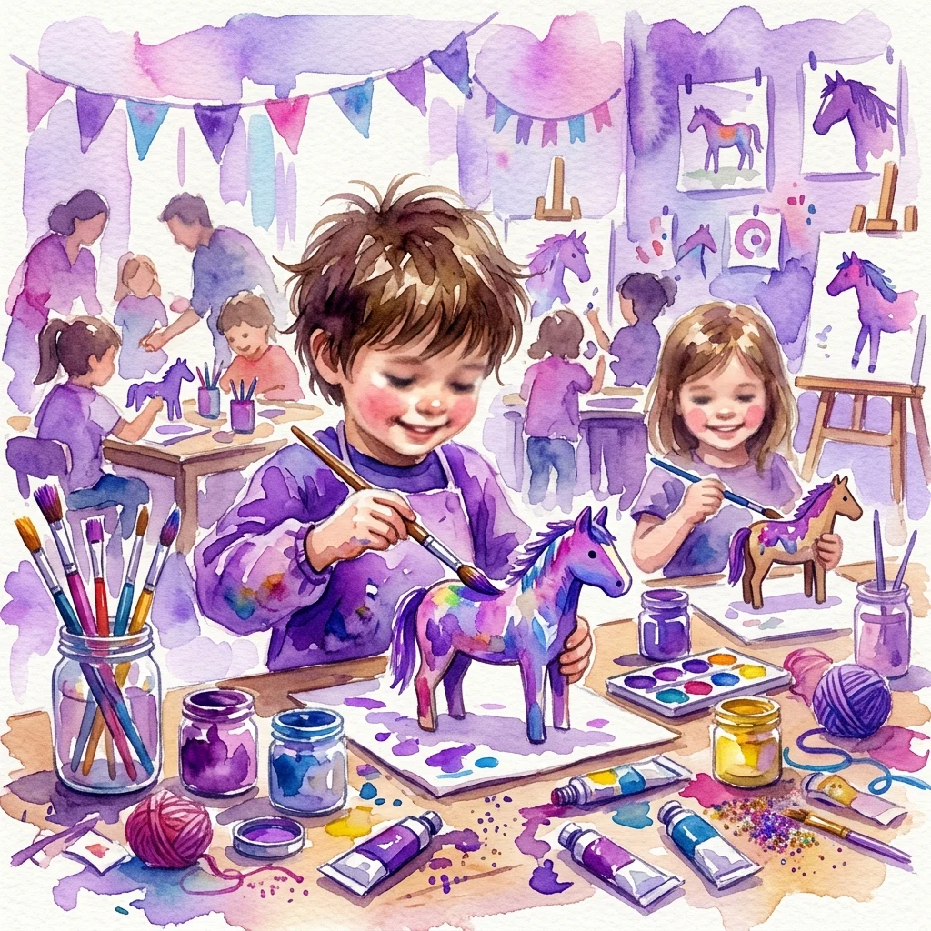 Kinderen schilderen houten paardjes in een creatieve workshop, omringd door kunstbenodigdheden en kleurrijke decoraties.
