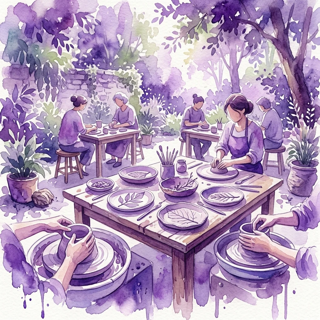Participants in a pottery workshop shape clay on wheels in a serene garden setting, inspired by natural elements like leaves and twigs.