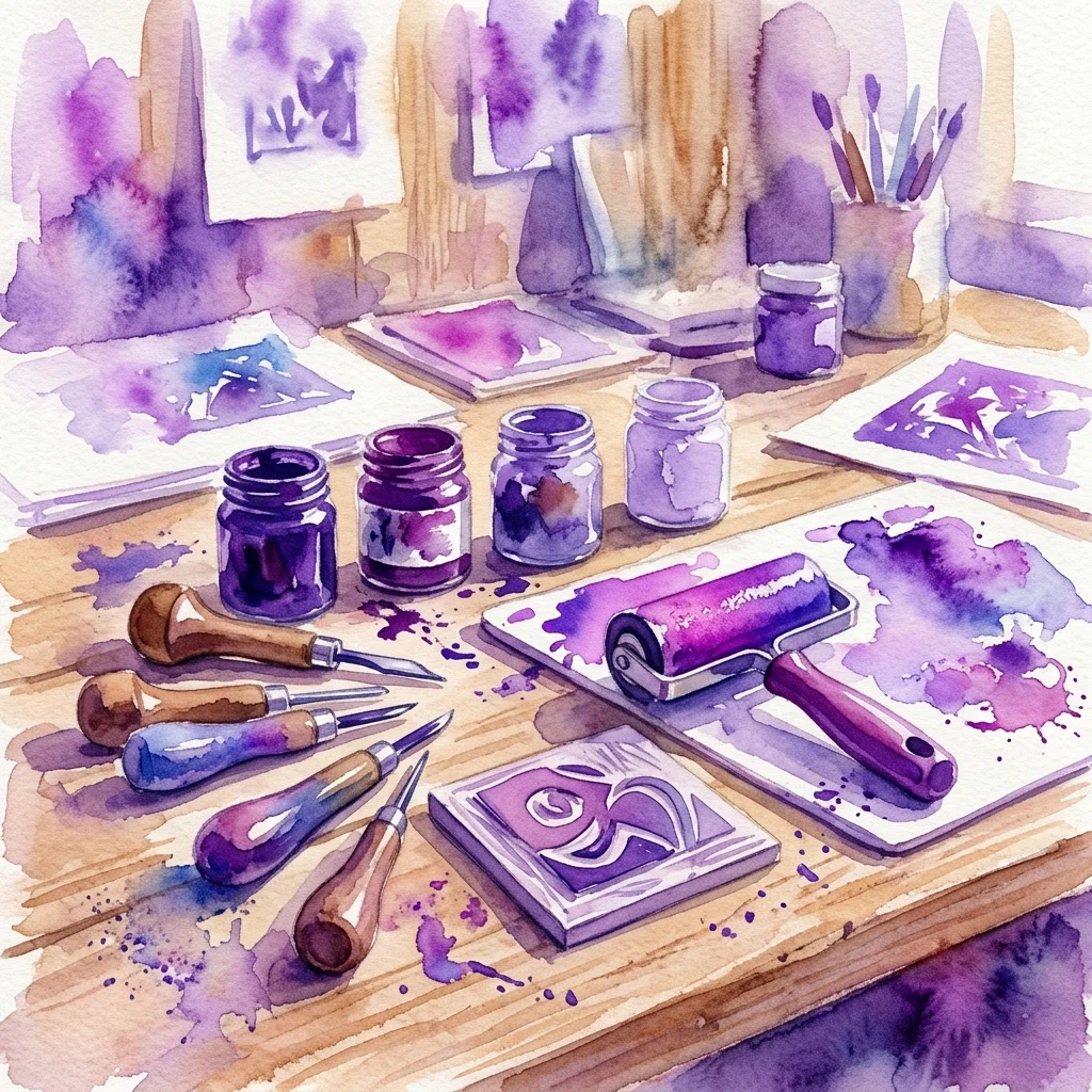 Una ilustración en acuarela de un taller de grabado linograbado con herramientas de talla, rodillos de tinta, frascos de tinta púrpura y bloques de linograbado impresos sobre un banco de trabajo de madera.