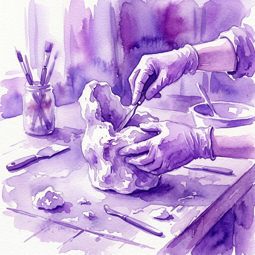 A watercolor illustration of gloved hands sculpting a plaster form, surrounded by tools and materials on a workbench in an art studio.