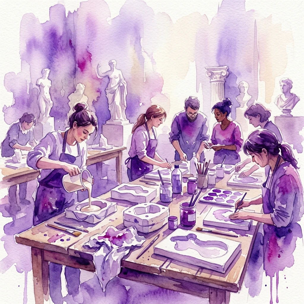 Participants in a workshop pour plaster into molds to create casts, surrounded by classical sculptures in a museum setting.