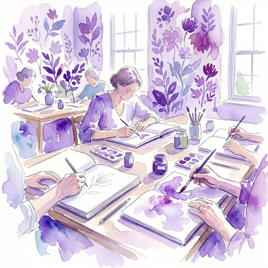 Artistic workshop scene with participants drawing botanical illustrations using graphite and watercolor in a studio with floral-themed walls, themed around 18th-century botanical art.