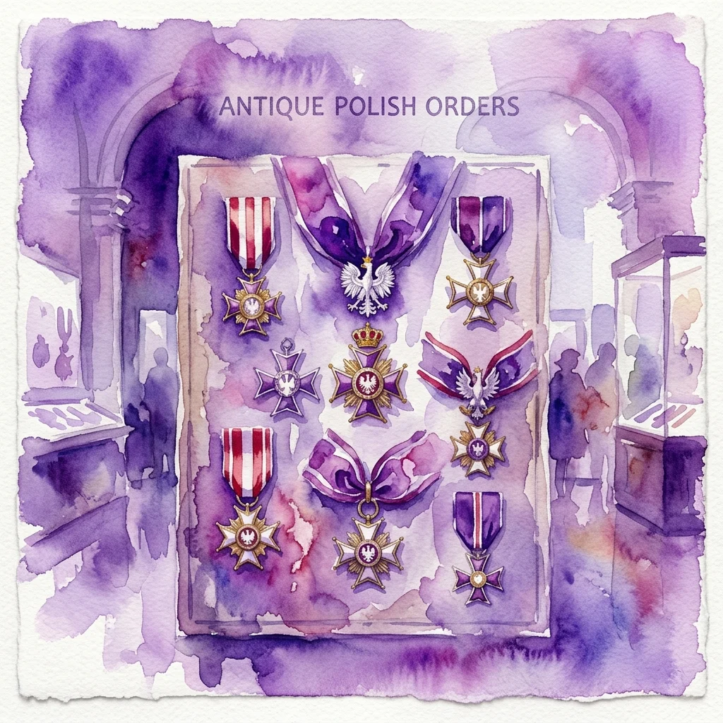 Ilustracja akwarelowa przedstawiająca antyczne polskie ordery i medale wyeksponowane w gablocie muzealnej, zawierająca różne insygnia z wstęgami i emblematami, w tym Order Orła Białego, na tle w odcieniach fioletu.