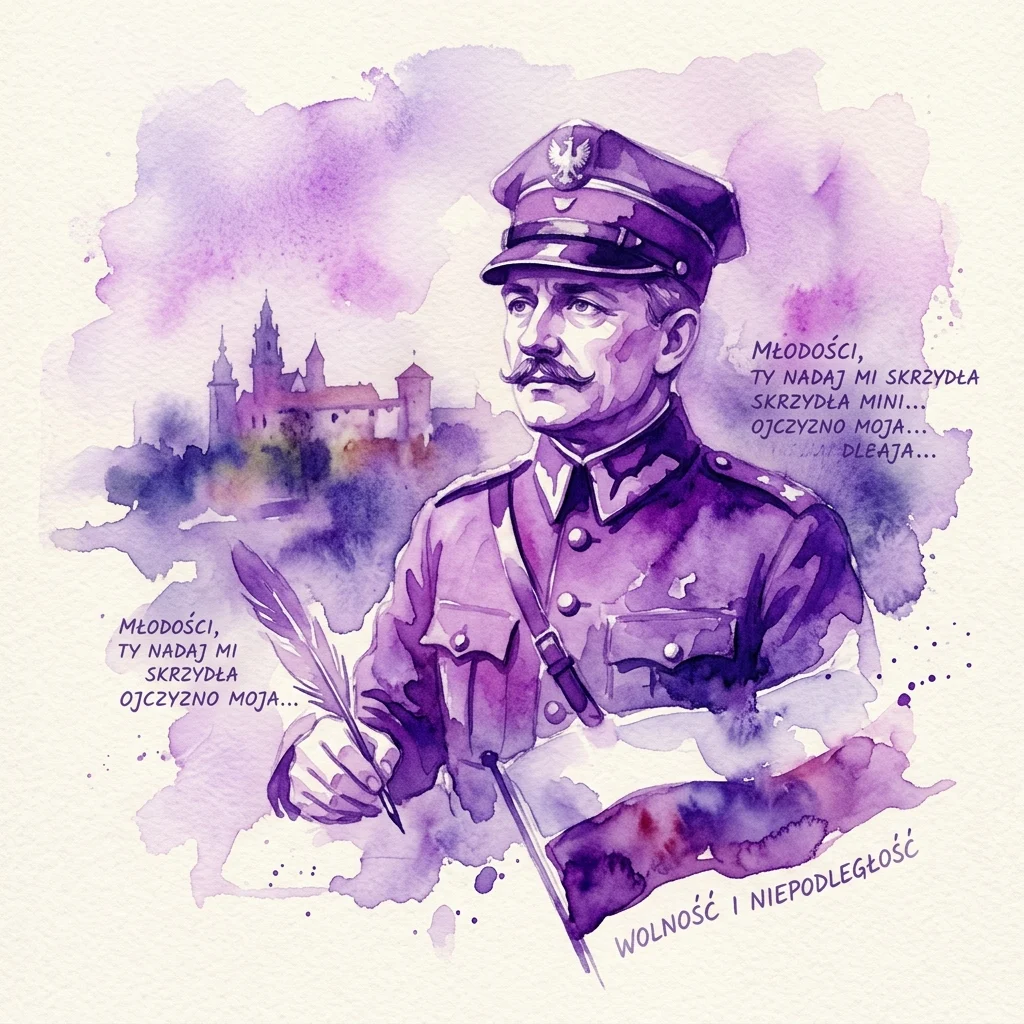 Waterverfillustratie van generaal Stanisław Szeptycki in militair uniform, met een ganzenveer in de hand, een kasteel op de achtergrond en Poolse tekst over dromen en onafhankelijkheid.