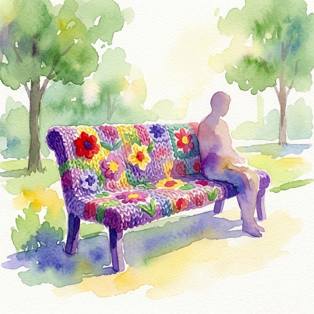 Ilustracja akwarelowa ławki parkowej pokrytej kolorową, dzianinową przędzą z motywami kwiatowymi, przedstawiająca sylwetkę siedzącej na niej osoby w słonecznym otoczeniu na świeżym powietrzu.