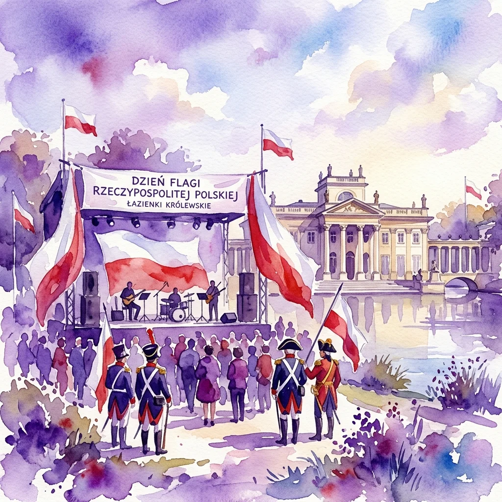 Waterverfillustratie van Poolse Vlagdag in het Koninklijk Łazienki Museum, met historische reenactors in 18e-eeuwse uniformen, een podium met muzikanten en het paleis op de achtergrond onder een heldere hemel.
