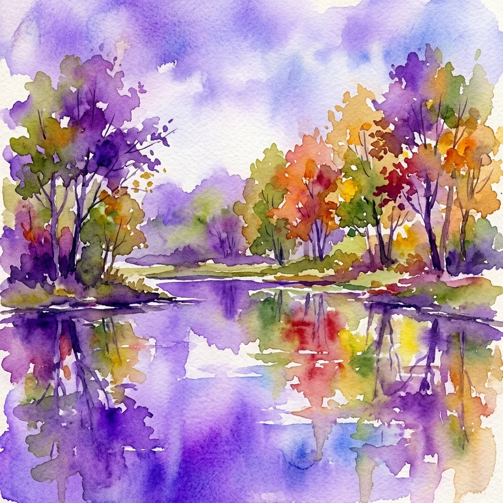 Una acuarela de un paisaje sereno con árboles que se reflejan en un estanque, con colores otoñales de púrpura, rojo, amarillo y verde, evocando la belleza natural y la conciencia ecológica.