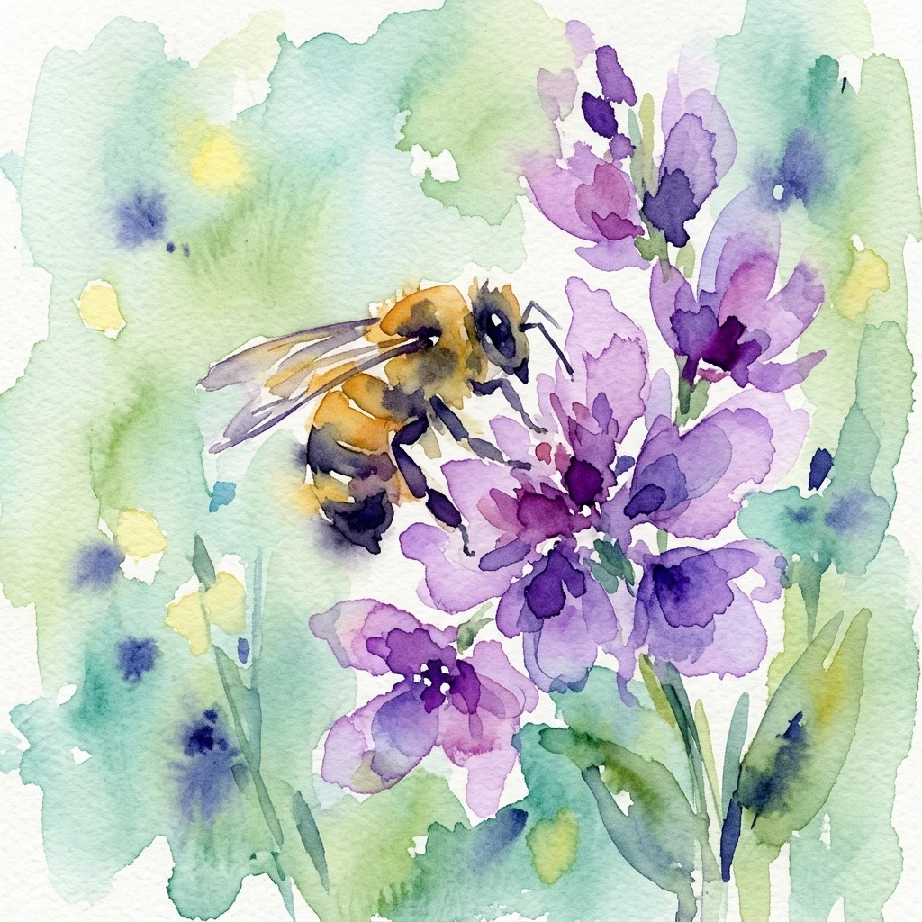 A watercolor illustration of a honeybee collecting nectar from purple flowers, set against a soft green and blue background, symbolizing pollinators and nature.