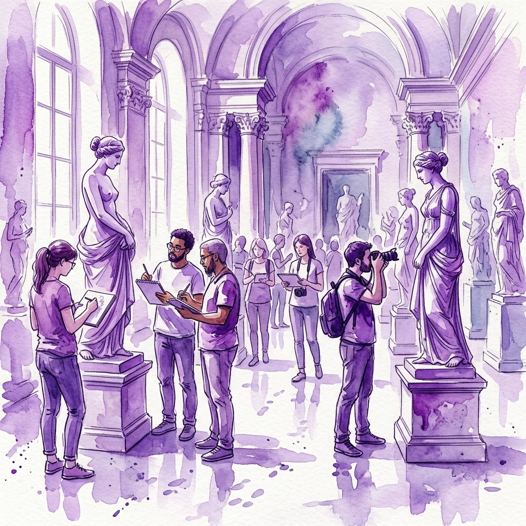 Participants engage in an art workshop at the Royal Sculpture Gallery, sketching and photographing classical sculptures of women in a grand gallery with arched ceilings and tall windows.