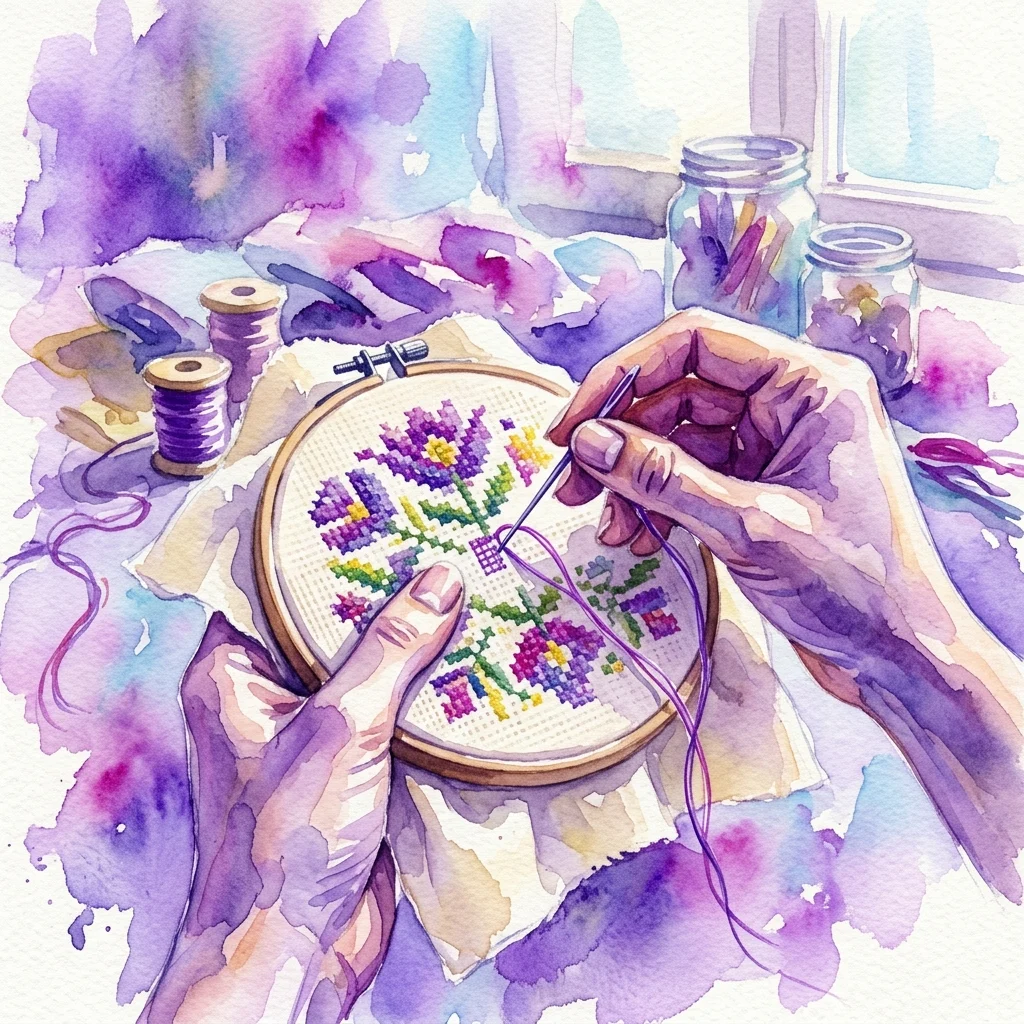 Una ilustración en acuarela de manos bordando un patrón de punto de cruz con motivos florales morados y verdes sobre tela, rodeada de carretes de hilo y tarros de material de bordado.