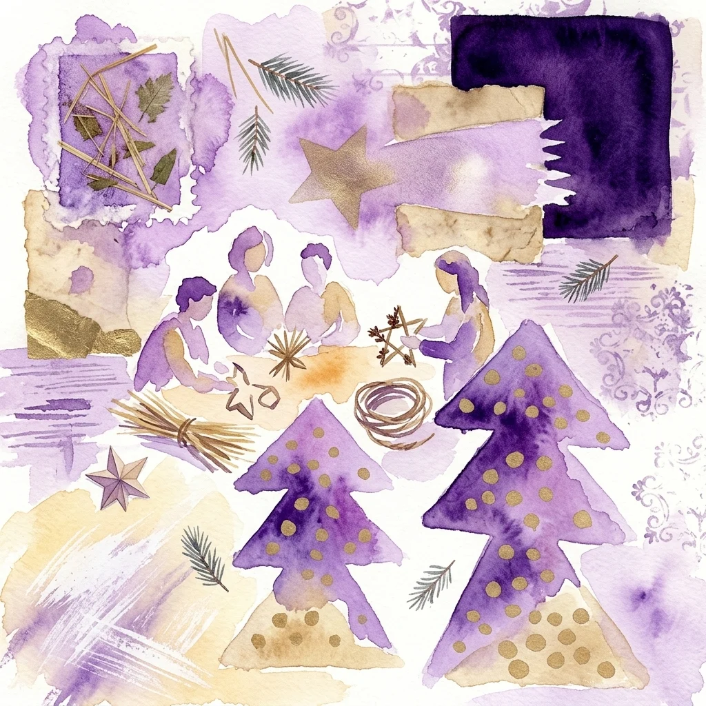 Ilustración en acuarela de personas elaborando decoraciones navideñas ecológicas con materiales naturales como paja, papel y ramas de pino, con tonos morados y dorados y elementos festivos.