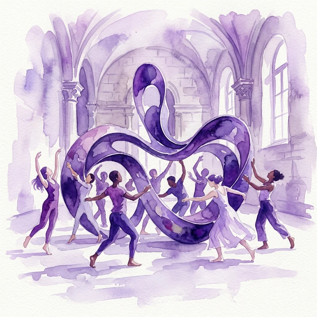 Participants in a contemporary dance workshop interact with a large abstract sculpture in a classical museum setting, exploring movement and art.