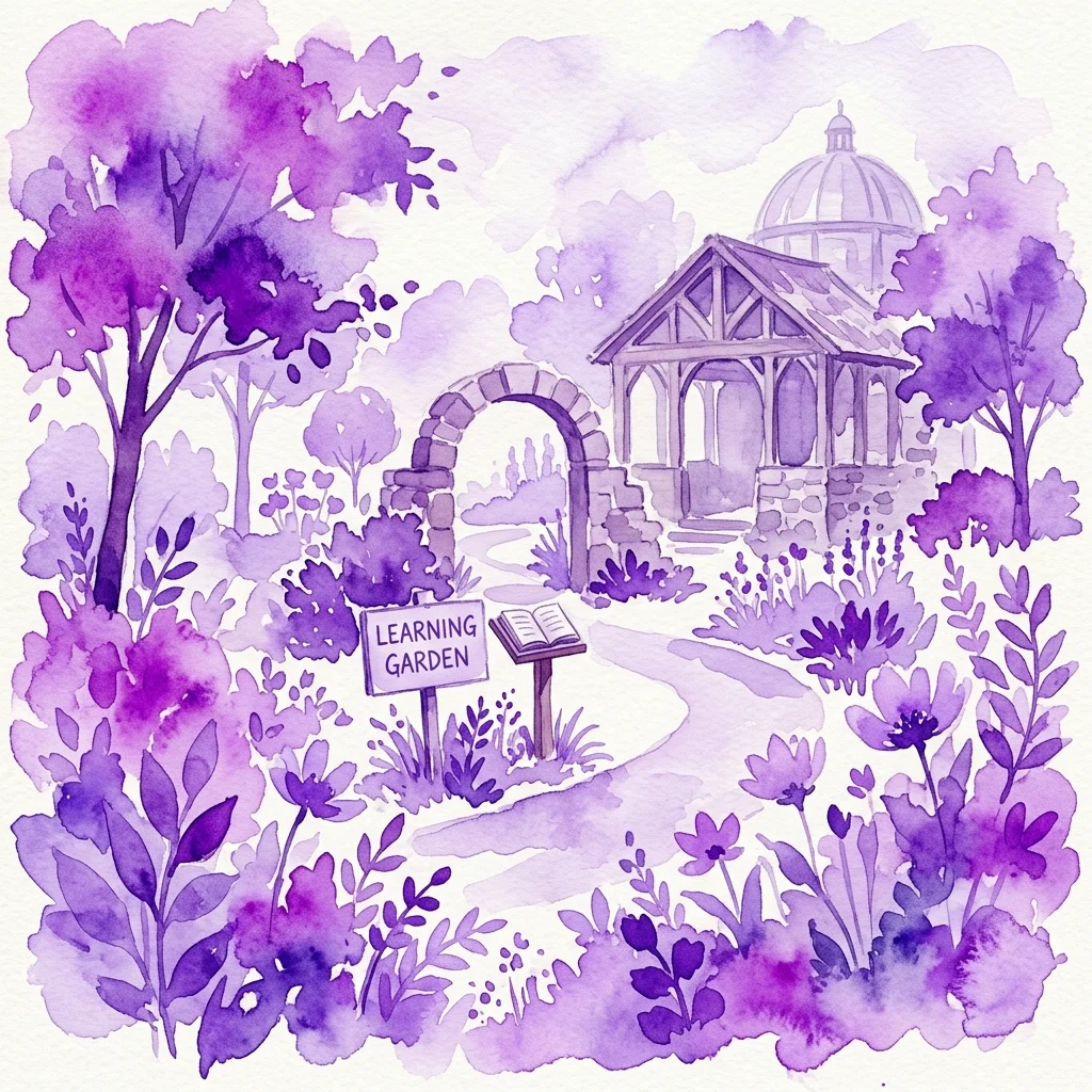 Een paarse aquarelillustratie van een serene tuin met een stenen boog, een prieel en een bord met de tekst 'LEARNING GARDEN', wat een educatieve en rustige sfeer oproept.