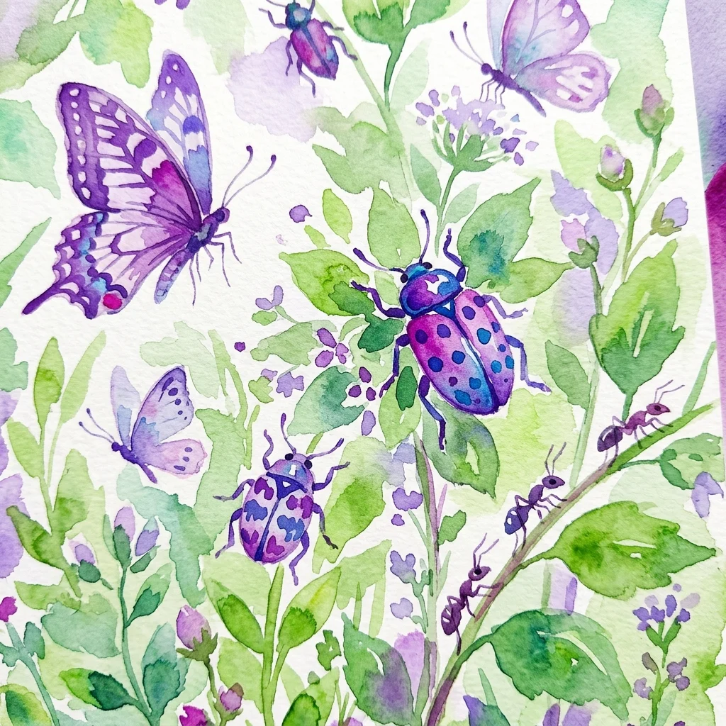 Een aquarelillustratie van diverse insecten, waaronder paarse vlinders, kevers met stippen en mieren tussen groene bladeren en bloemen, die het thema entomologie en natuur oproepen.