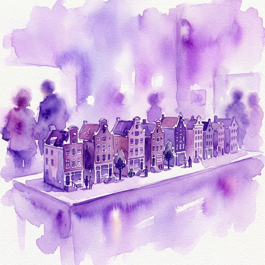 Watercolor illustration of miniature Dutch houses along a canal, showcasing detailed facades and reflections in purple hues.