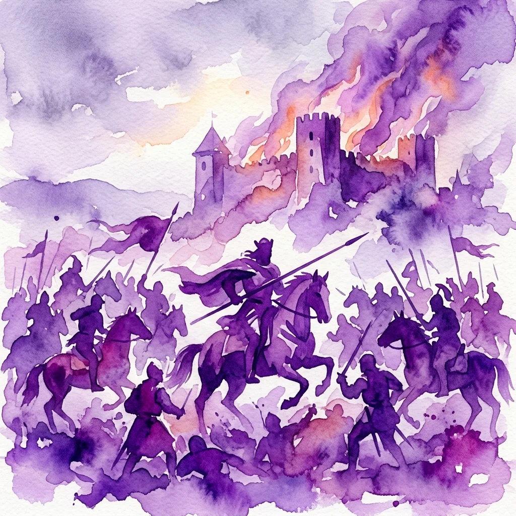 Een aquarel van een historische veldslag met ruiters en een brandend kasteel, die 'Vytautas's Oath' van Jan Styka vertegenwoordigt uit de tentoonstelling in het Koninklijk Łazienki Museum.