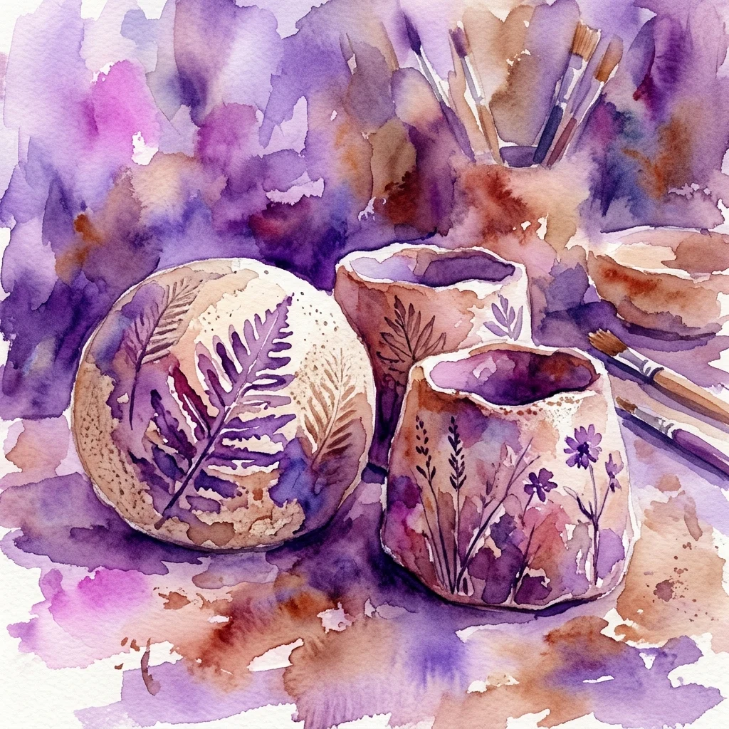Watercolor illustration of ceramic art with natural motifs like ferns and flowers, inspired by Maria Papa Rostkowska's terracotta sculptures, used for a workshop on tactile clay art.