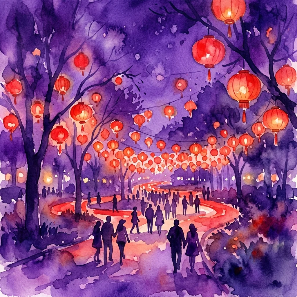Een aquarelillustratie van het Festival van Chinese Lantaarns in het Koninklijk Łazienki Park, met bezoekers die 's nachts onder gloeiende rode lantaarns die aan bomen hangen wandelen.