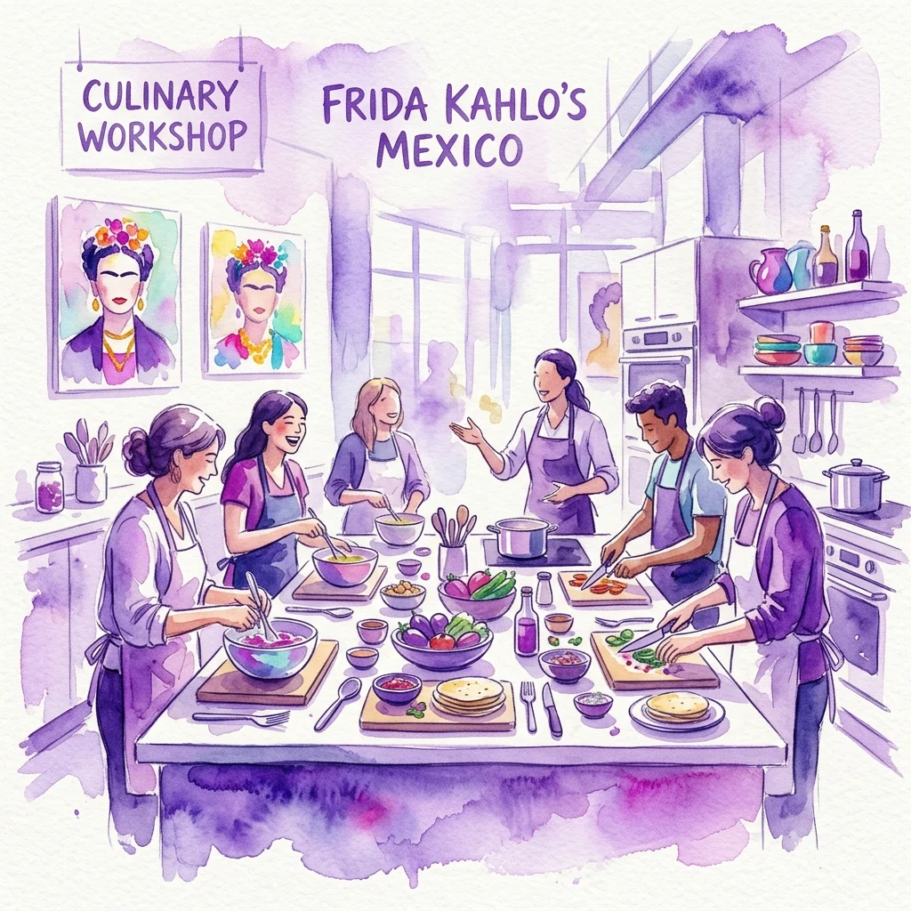 Een aquarelillustratie van een culinaire workshop geïnspireerd door Frida Kahlo, met deelnemers die Mexicaanse gerechten bereiden in een lichte keuken met portretten van Frida Kahlo aan de muur.