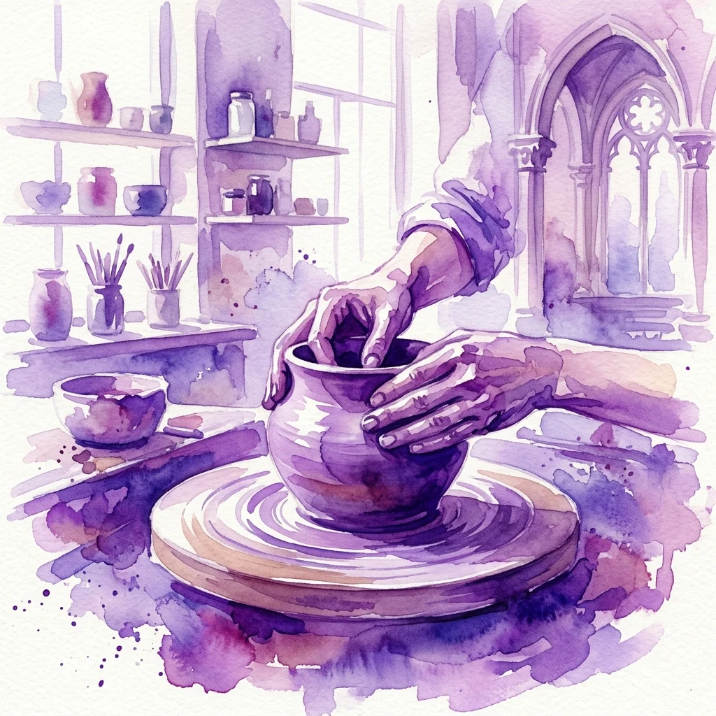 A watercolor illustration of hands shaping clay on a pottery wheel in a studio with royal architectural elements, representing the 'Forma i ogień' ceramic workshops.