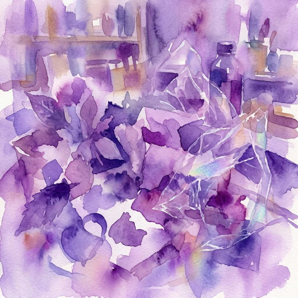 Een aquarelillustratie van een paars getinte donkere kameropstelling met fotografische chemicaliën, cellofaan en bladeren, die de kunst van het maken van fotogrammen zonder camera vertegenwoordigt.