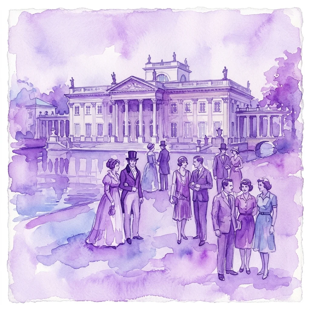 A watercolor illustration of the Royal Łazienki Palace with people in historical attire from different eras posing in front, evoking shared memories and historical connection.