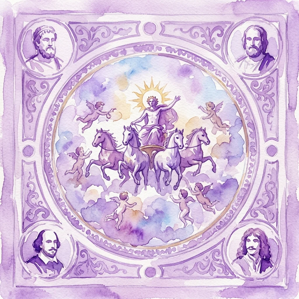 Een rond beschilderd plafond in de Koninklijke Schouwburg van de Oude Oranjerie, met Apollo in een strijdwagen getrokken door vier paarden, omringd door putti en portretten van vier toneelschrijvers: Sophocles, Shakespeare, Racine en Molière.