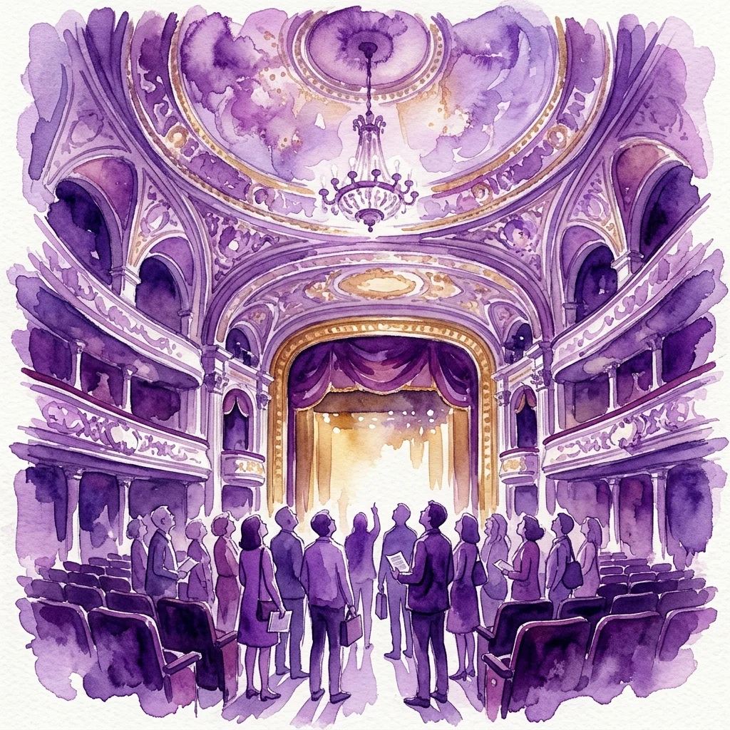 A watercolor illustration of a tour group inside the Royal Theatre, looking at the ornate stage and grand ceiling painting. The historic interior features purple and gold details, chandeliers, and classical architecture.