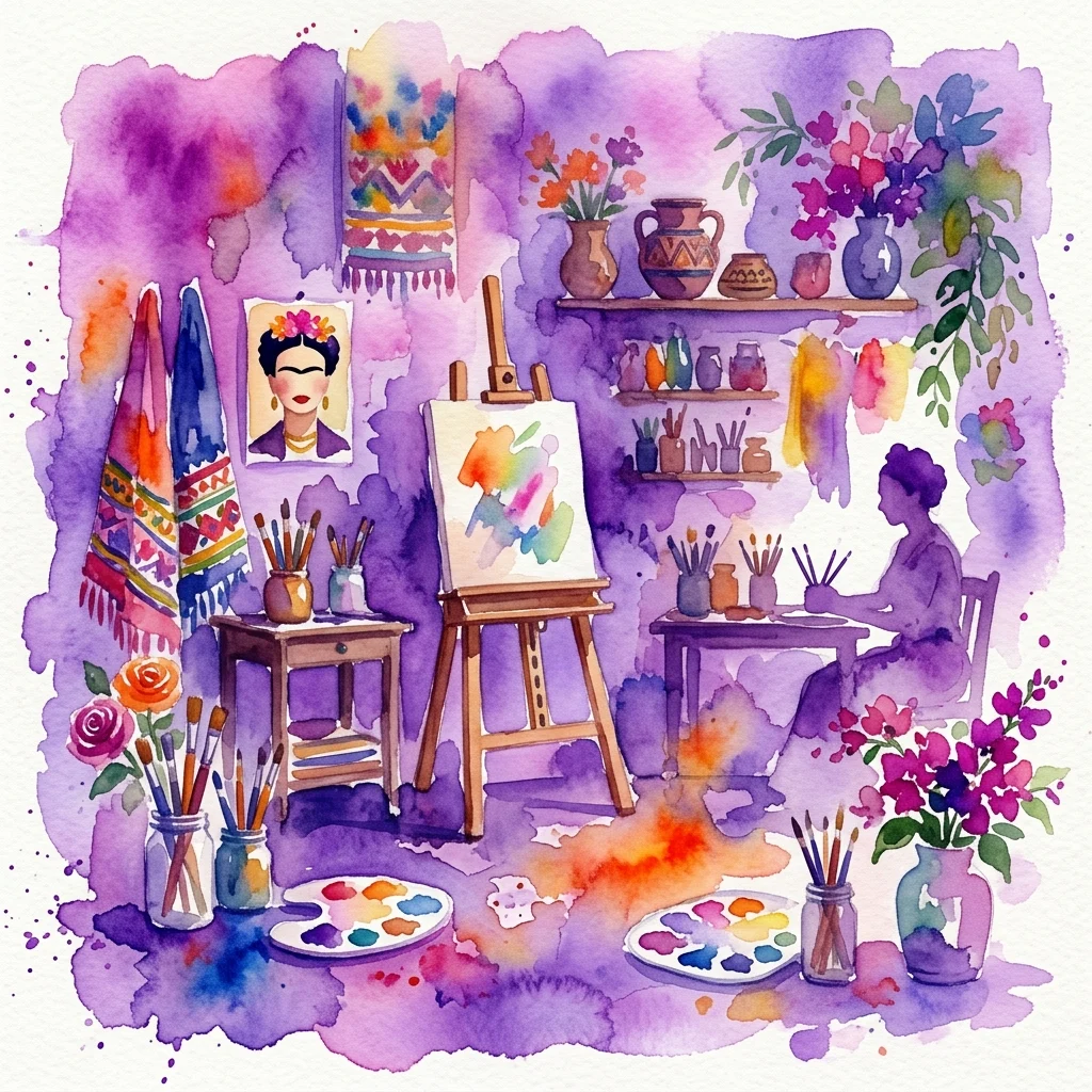 A vibrant watercolor illustration of a creative studio inspired by Frida Kahlo, featuring an easel, paintbrushes, palettes, flowers, and a portrait of Frida Kahlo on the wall.