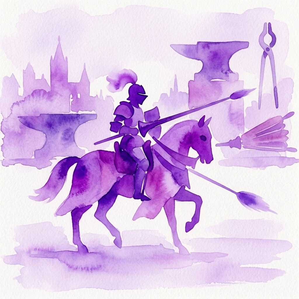 A purple watercolor illustration of a knight in full armor on horseback, holding a lance, with an anvil, tongs, and a castle in the background, evoking medieval armor smithing and tournament culture.