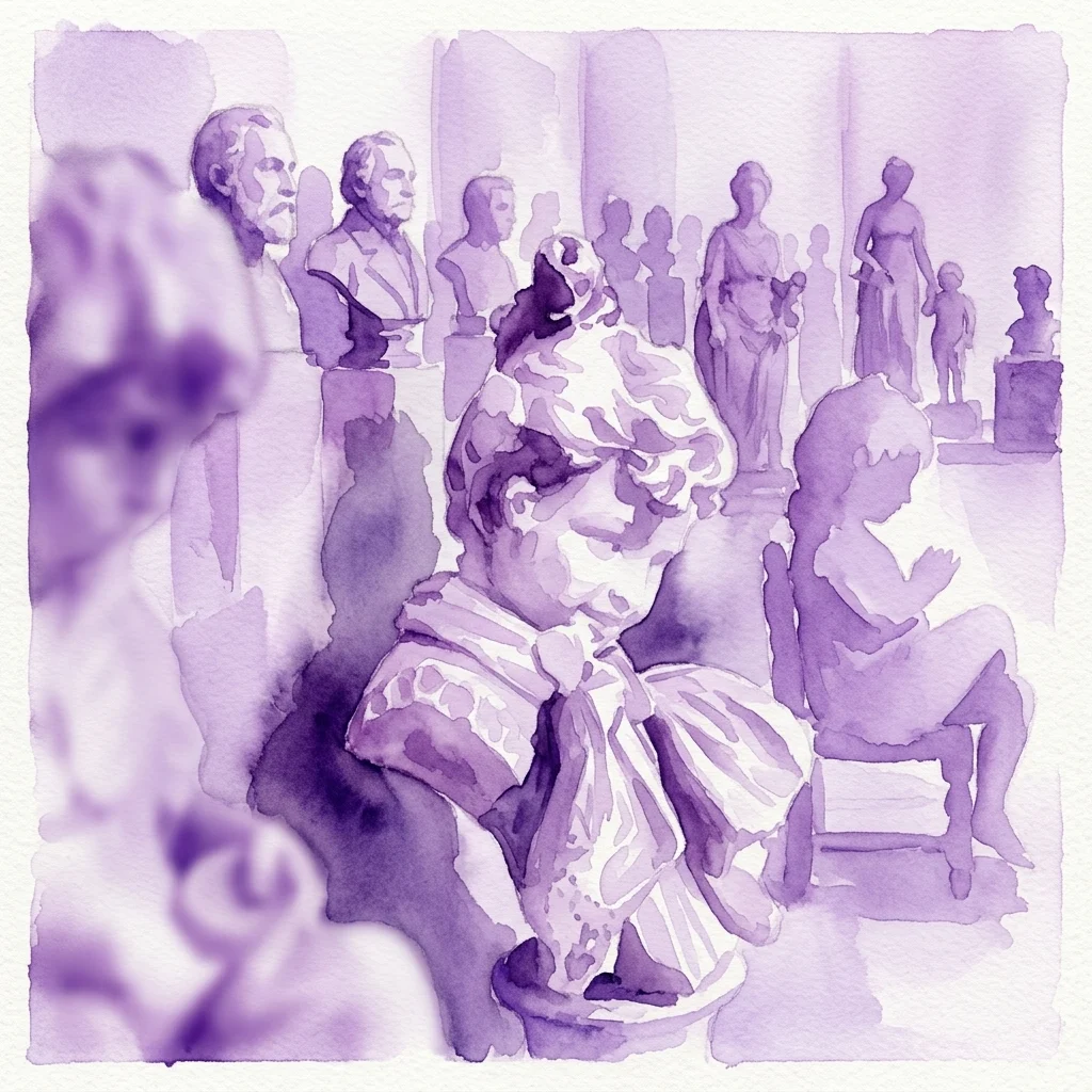 Waterverfillustratie van de Galerij van Poolse Beeldhouwkunst, met klassieke en neoklassieke bustes en sculpturen van top tot teen in een statige galerieruimte met zachte verlichting.