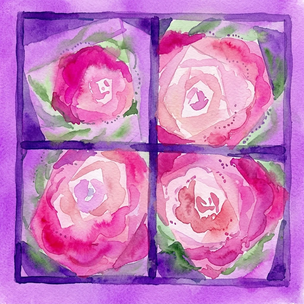 Ilustracja akwarelowa czterech stylizowanych róż chińskich w kolorze różowym w stylu patchwork, oprawiona w fiolet z zielonymi liśćmi, przywołująca ręcznie wykonany styl artystyczny.
