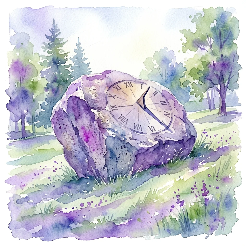 Ilustracja akwarelowa Głazu Jastrzębowskiego, dużej granitowej skały z wyrytą na powierzchni tarczą słoneczną, położonej na trawiastym zboczu w parku z drzewami w tle.