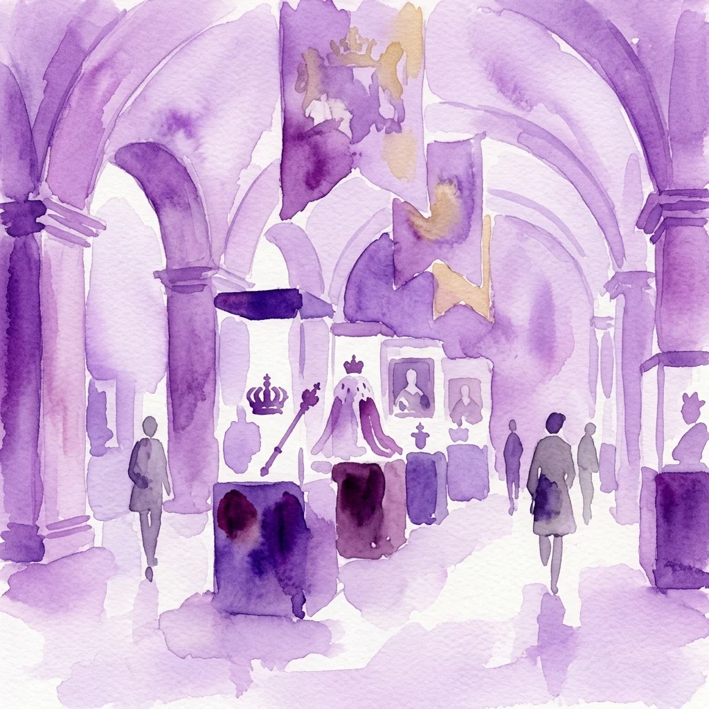 Ilustracja akwarelowa galerii muzealnej z fioletowymi łukami, przedstawiająca królewskie artefakty, w tym korony, berła i portrety z czasów panowania dynastii Wettynów nad Rzeczpospolitą Obojga Narodów.