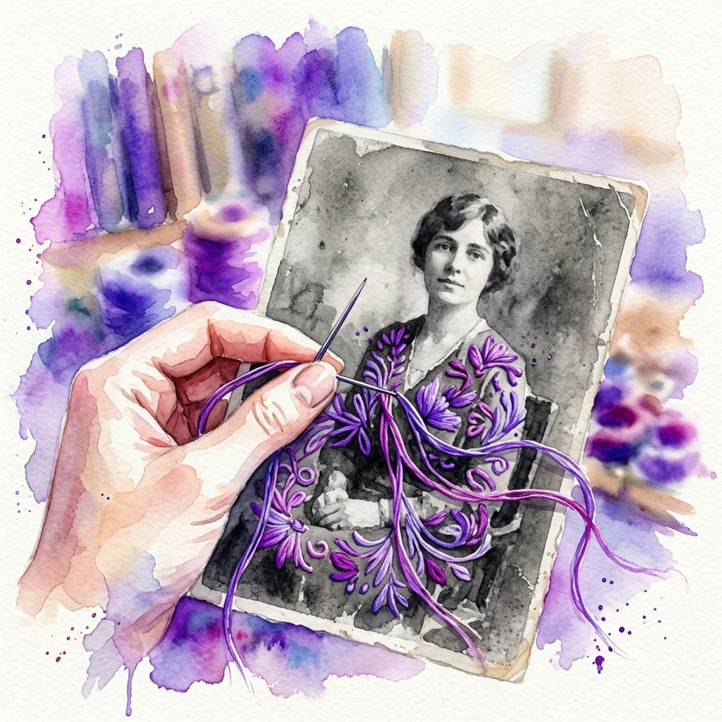 Een hand die een vintage zwart-witfoto borduurt met paars garen, waarbij historische beelden worden gecombineerd met kleurrijke textielkunst.
