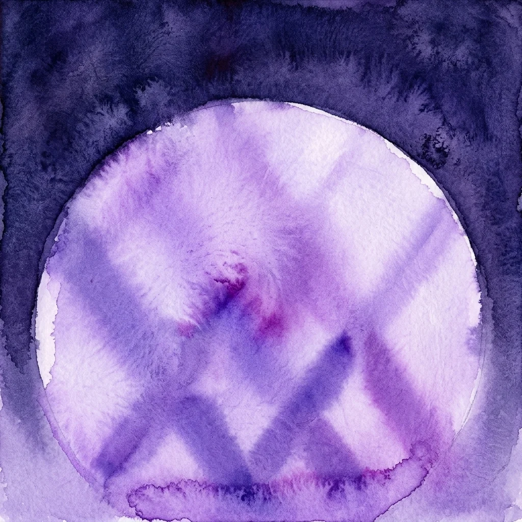 Obra de arte abstracta de heliograma de Nicolas Grospierre, que presenta una composición circular de acuarela púrpura y blanca con patrones de luz geométricos, expuesta en la Sala Salomón del Palacio de la Isla.