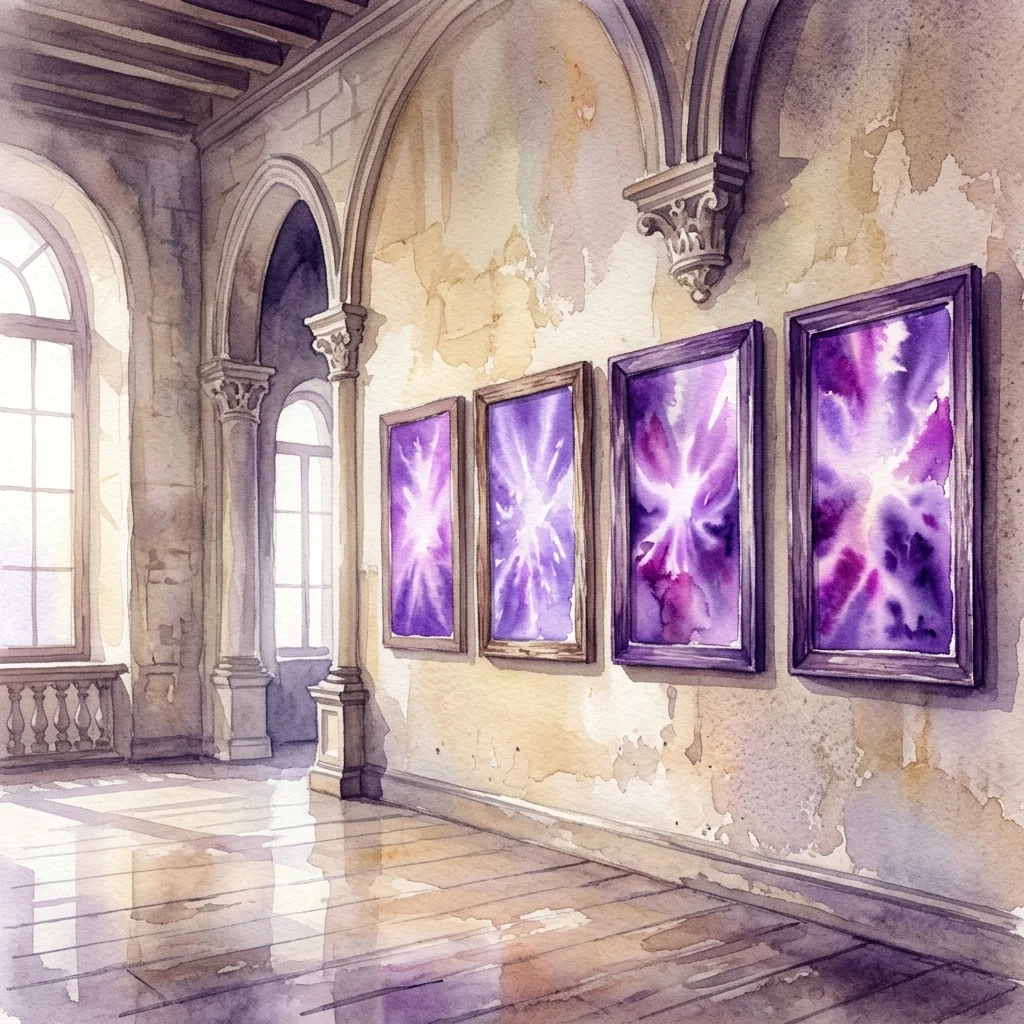 Waterverfschilderij van de Sala Salomona in het Koninklijk Paleis Łazienki, met vier paarse heliogrammen van Nicolas Grospierre die lege lijsten vullen waar Bacciarelli's schilderijen tijdens de Tweede Wereldoorlog werden vernietigd.