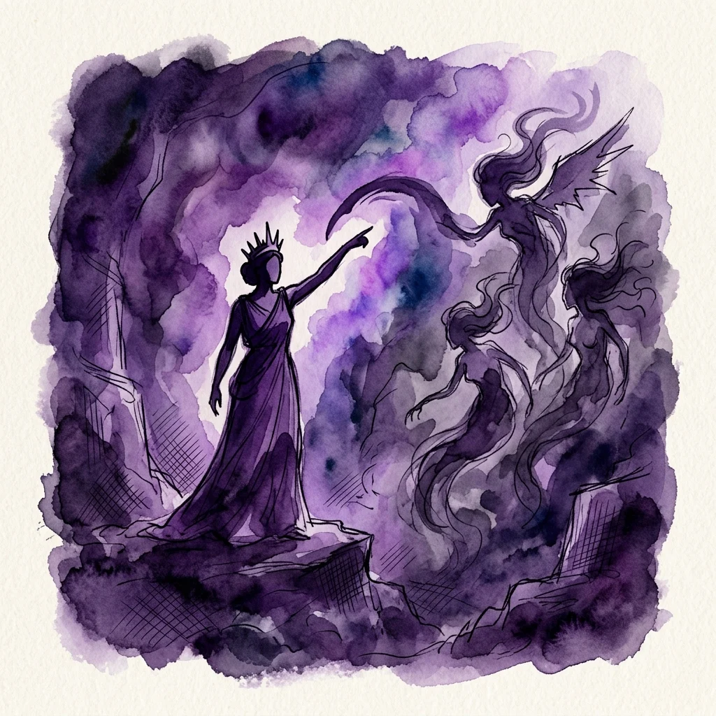 A watercolor illustration of Hera, queen of the gods, commanding the Furies in a dark, purple underworld scene, depicting divine wrath and mythological drama.