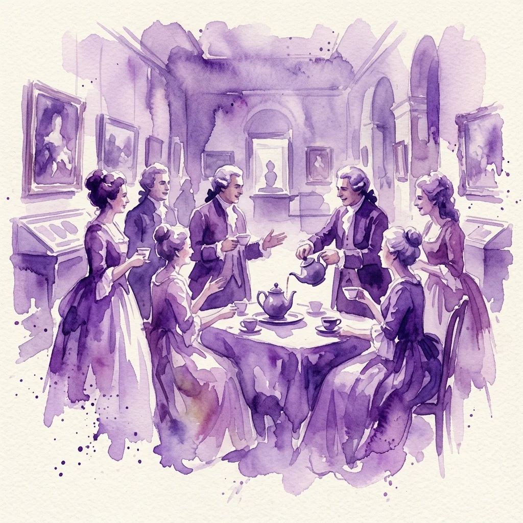 Una ilustración en acuarela de figuras del siglo XVIII en atuendo formal reunidas alrededor de una mesa para una ceremonia del té en una galería de museo, con pinturas en las paredes y una sensación de interacción social histórica.