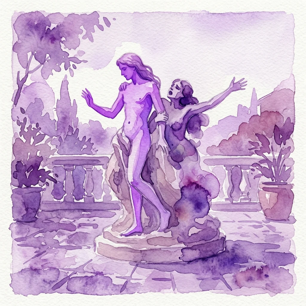 A purple watercolor illustration of the sandstone sculpture 'Hermafrodyta odtrącający nimfę Salmakis', depicting Hermaphroditus rejecting the nymph Salmacis on a terrace.
