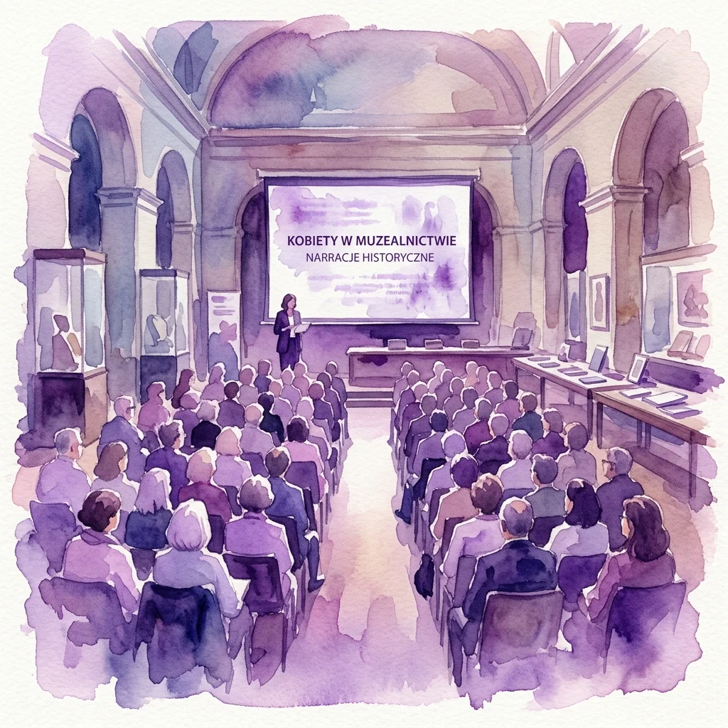 Watercolor illustration of a scholarly conference in a museum hall, with a speaker presenting on 'Kobiety w Muzealnictwie: Narracje Historyczne' to an audience, representing the Herstoria muzealnictwa w Polsce conference at Royal Łazienki Museum.