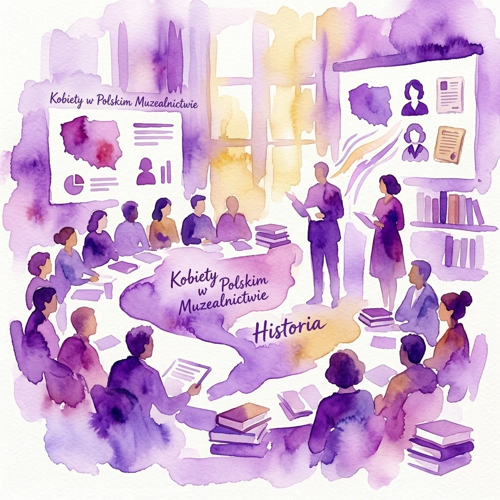 A watercolor illustration of a scholarly conference on women in Polish museology, featuring diverse participants discussing, with text overlays reading 'Kobiety w Polskim Muzealnictwie' and 'Historia'.