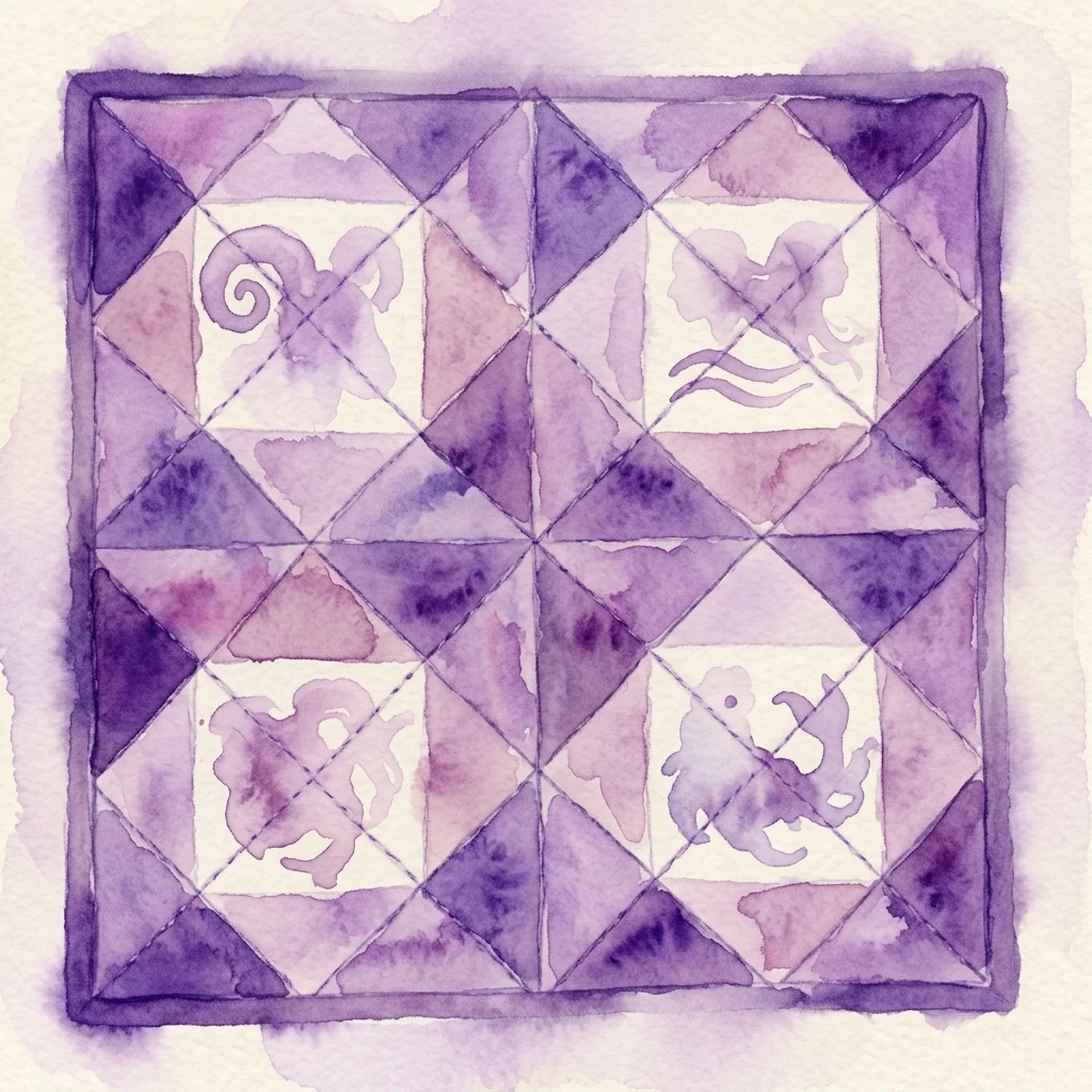 Fioletowa, patchworkowa praca akwarelowa przedstawiająca symbole zodiaku, inspirowana XVII-wiecznym horoskopem Stanisława Herakliusza Lubomirskiego.