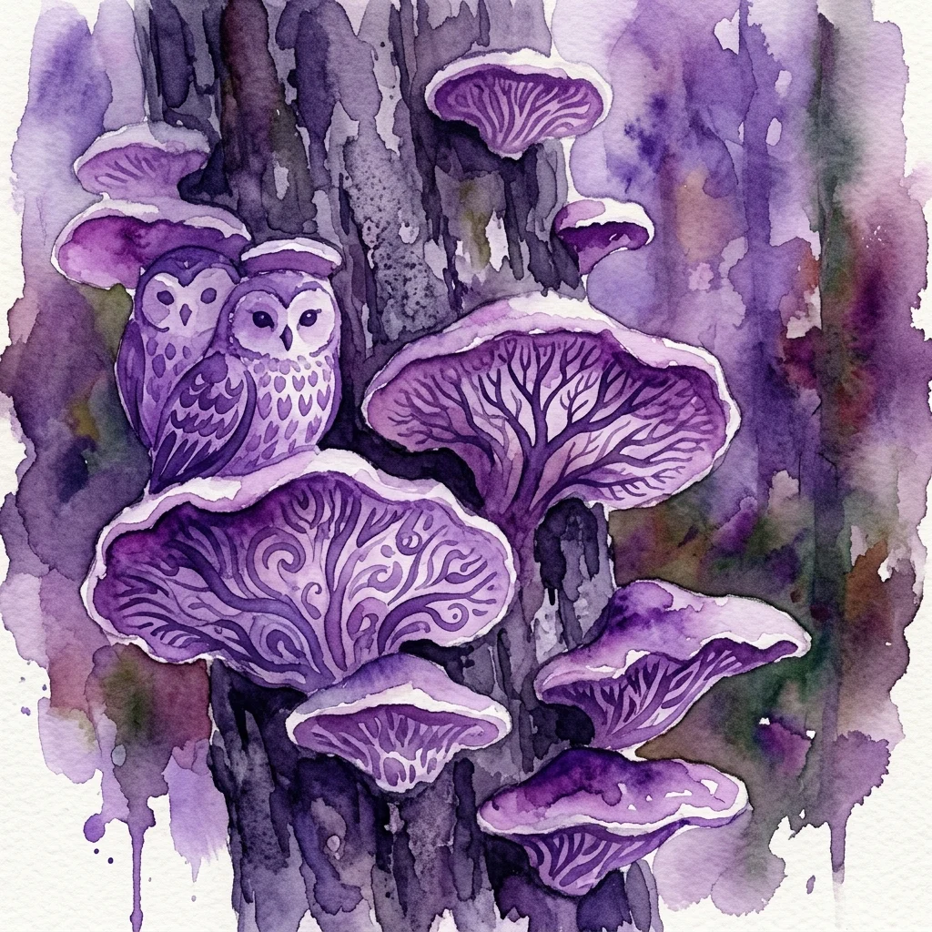 Ilustracja akwarelowa fioletowych grzybów naskołkowych na pniu drzewa, z misternymi wzorami przypominającymi twarze sów i gałęzie drzew, podkreślająca artystyczne piękno grzybów.