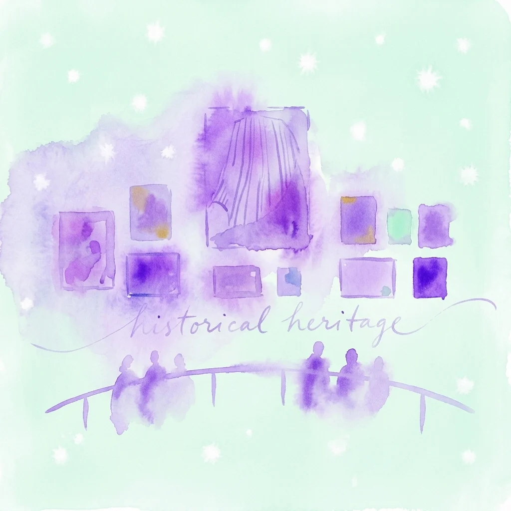 Watercolor illustration of a museum gallery with framed artworks and silhouettes of visitors, with the text 'historical heritage' in cursive.